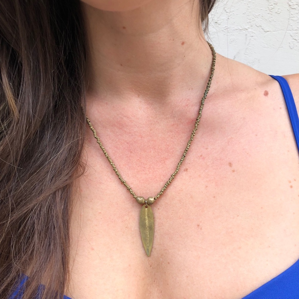 Gold Beaded Necklace with Gold Etched Pendant